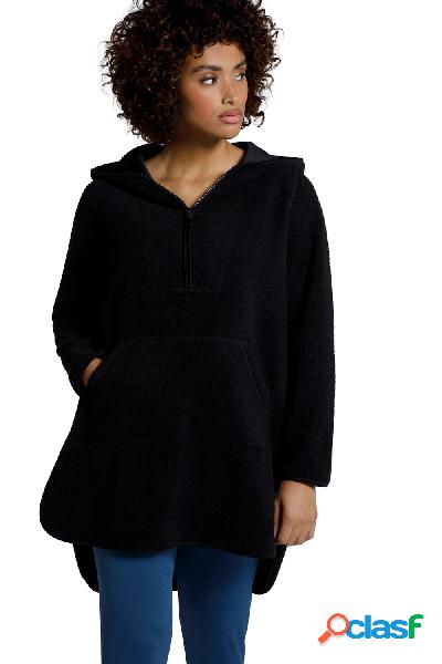 Pullover lungo di pellicciotto di pile con cappuccio, zip e