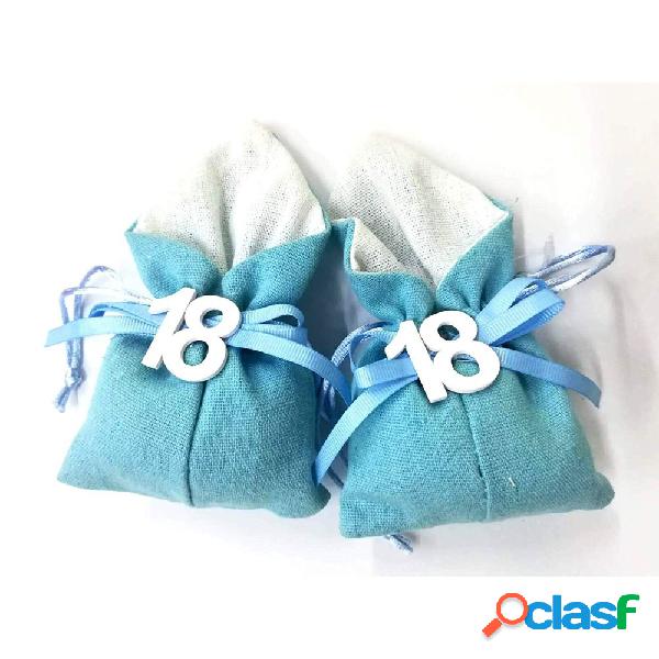 SET 12PZ SACCHETTO AZZURRO NUMERO 18 ANNI JUTA 10X13CM