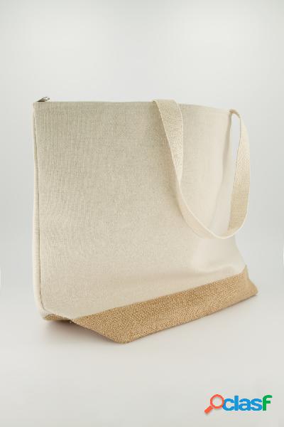 Shopper, effetto lino, aragosta ricamata, Donna, Beige,