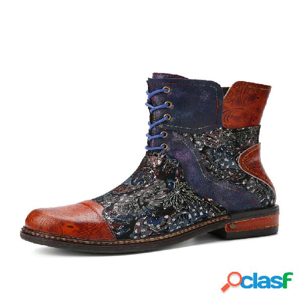 Socofy Casual Etnico Ricamo Patchwork In Pelle Con Cerniera