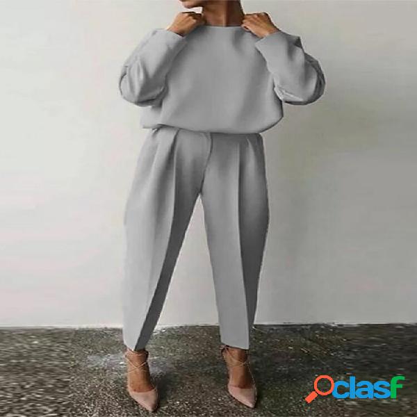 Solid Zip Hasp manica lunga Crew Collo Set due pezzi