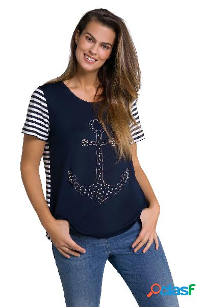 T-shirt con ancora, ricami con perline, scollo a girocollo e