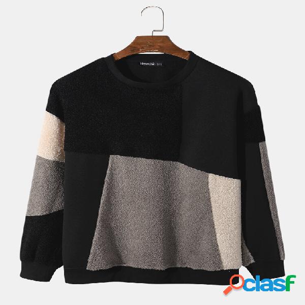 Uomo Teddy Color Block Patchwork Crew Collo Pullover Felpe