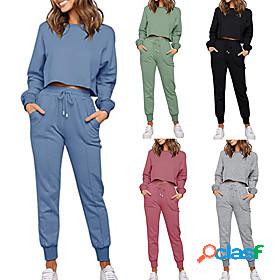 Womens 2 Piece Set Crew Neck Pure Color Drawstring Solid
