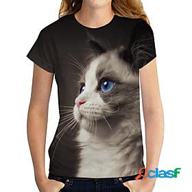 Womens 3D Cat T shirt Cat 3D Animal Print Round Neck Basic