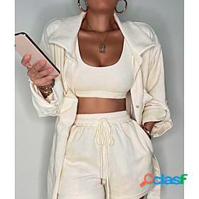 Womens Basic Plain Sport Casual Two Piece Set Shirt Collar