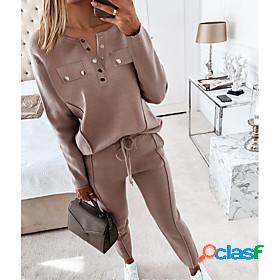 Womens Basic Plain Sport Casual Two Piece Set V Neck Pant