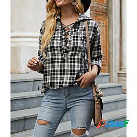 Womens Blouse Shirt Plaid Color Block Shirt Collar Lace up