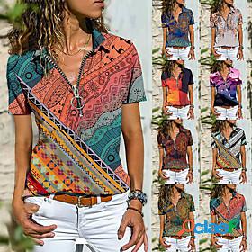 Womens Blouse T shirt Zipper Print Tropical Multi Color