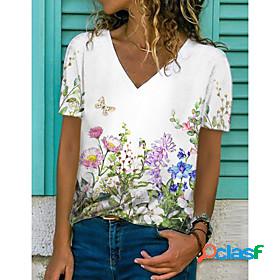Womens Floral Theme Painting T shirt Floral Graphic Print V