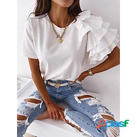 Womens Going out T shirt Plain Round Neck Ruffle Beach Tops
