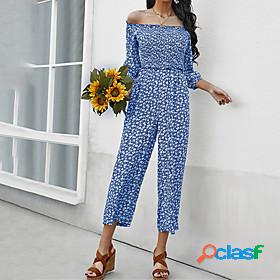 Womens Jumpsuit Floral Pocket Print Holiday Off Shoulder
