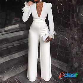 Womens Jumpsuit Solid Color Feather Elegant Deep V Wide Leg