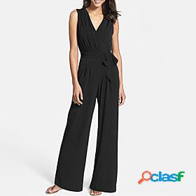 Womens Jumpsuit Solid Color Lace up Elegant V Neck Wide Leg