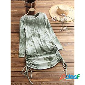 Womens Long Sleeve Tie Dye Round Neck Drawstring Basic Tops