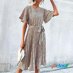 Womens Midi Dress A Line Dress Beige Short Sleeve With Belt