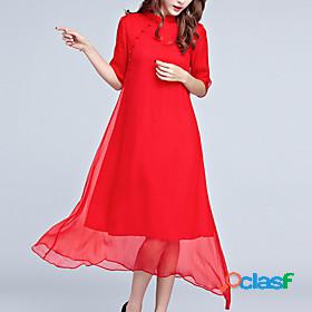 Womens Midi Dress A Line Dress Black Red Half Sleeve Layered