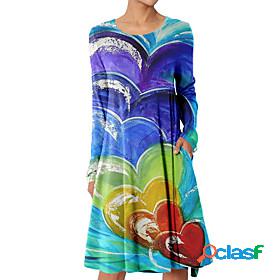 Womens Midi Dress A Line Dress Blue Pink Rainbow Long Sleeve