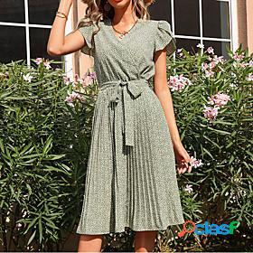 Womens Midi Dress A Line Dress Green Short Sleeve With Belt