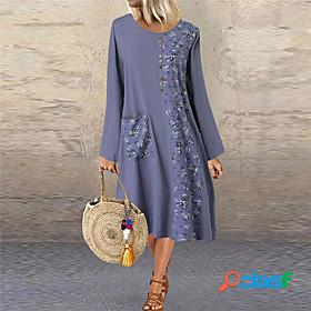 Womens Midi Dress Shift Dress Blue Long Sleeve Pocket Button