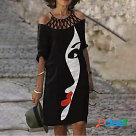 Womens Short Mini Dress A Line Dress Black 3/4 Length Sleeve
