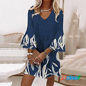 Womens Short Mini Dress A Line Dress Blue Half Sleeve Print