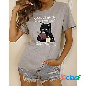 Womens T shirt Cat Painting Cat Text Round Neck Print Basic