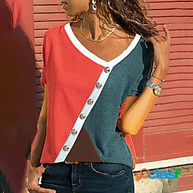 Womens T shirt Color Block V Neck Patchwork Basic Tops Blue