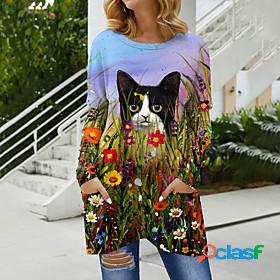 Womens T shirt Floral Theme 3D Cat Painting Floral Cat Round