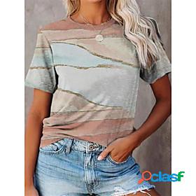 Womens T shirt Geometric Painting Striped Scenery Round Neck