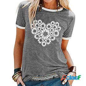 Womens T shirt Graphic Heart Daisy Patchwork Print Round