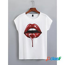 Womens T shirt Graphic Lip Round Neck Print Basic Tops White