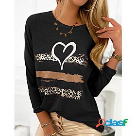 Womens T shirt Heart Leopard Round Neck Basic Tops Black