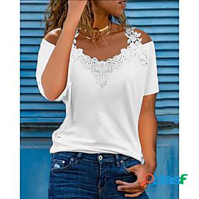 Womens T shirt Plain V Neck Cut Out Lace Cold Shoulder Rock