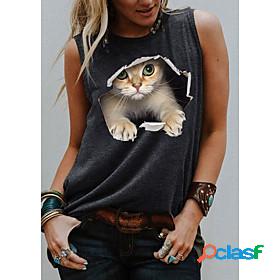 Womens Tank Top 3D Cat Cat Graphic Animal Round Neck Print