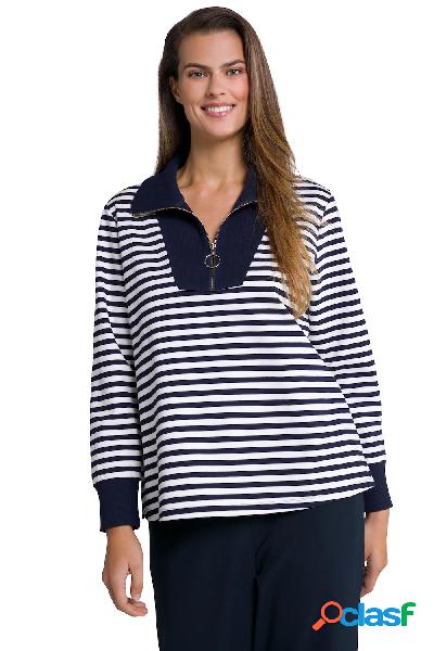 Felpa con chiusura polo, righe e maniche lunghe, Donna, Blu,