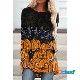Womens T shirt Cat Painting Cat Pumpkin Round Neck Print