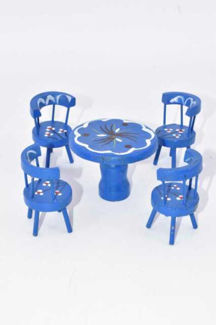 Mobili In Miniatura Tavolino + Sedie In Legno Blu