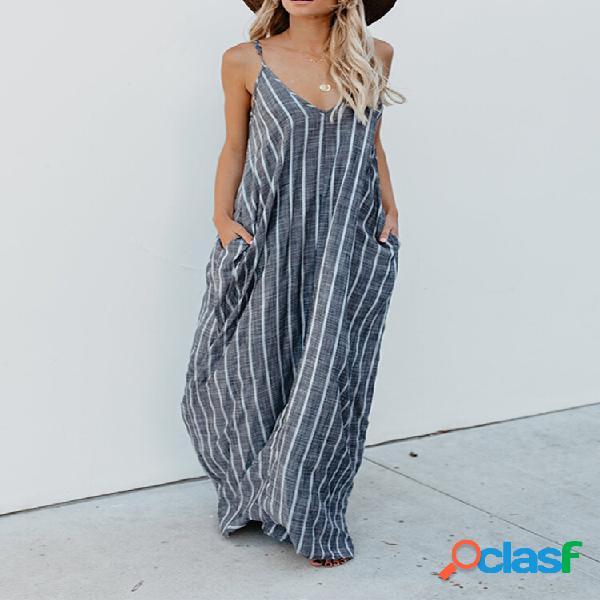 Abito lungo Maxi in cotone a righe da donna con scollo a V,