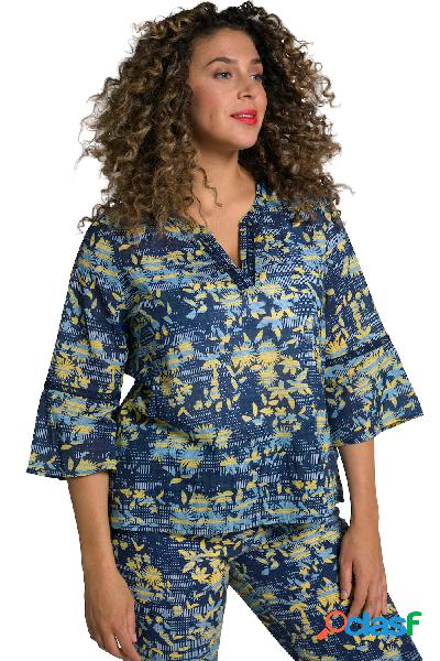 Blusa con pizzo, collo alto e maniche a 3/4, Donna, Blu,