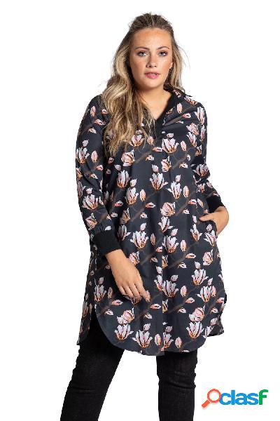 Blusa lunga, fantasia floreale, colletto di jersey, cotone