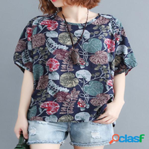 Camicette a mezza manica casual casual con stampa a foglie