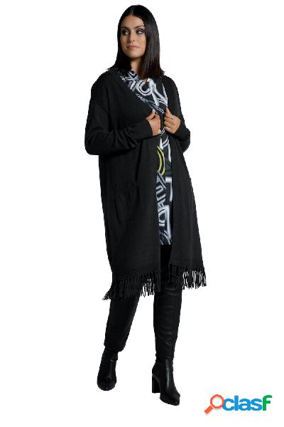 Cardigan lungo e aperto in maglia fine con frange sullorlo,