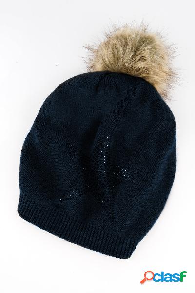 Cuffia di maglia con stella e pompon di pelliccia sintetica,