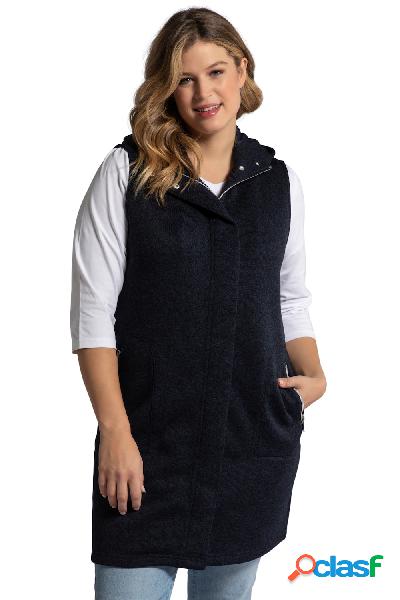 Gilet lungo e smanicato di maglia e pile con cappuccio e