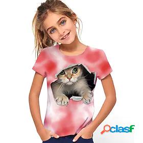 Kids Girls T shirt Short Sleeve 3D Print Cat Blue White Pink