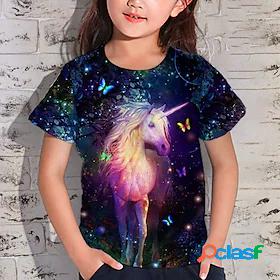 Kids Girls T shirt Short Sleeve 3D Print Unicorn Animal Blue