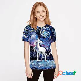 Kids Girls T shirt Short Sleeve 3D Print Unicorn Animal Blue
