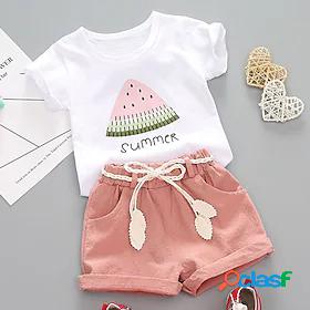 Kids Girls T-shirt Shorts Short Sleeve 2 Pieces Green Pink