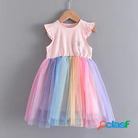 Kids Little Dress Girls Rainbow Daily A Line Dress Mesh Pink